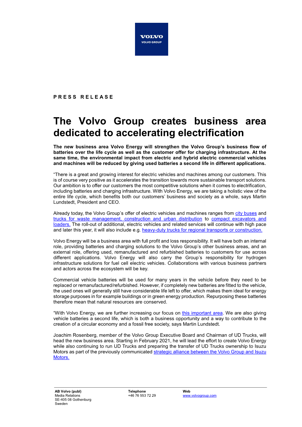 The Volvo Group Creates Business Area Dedicated to Accelerating Electrification