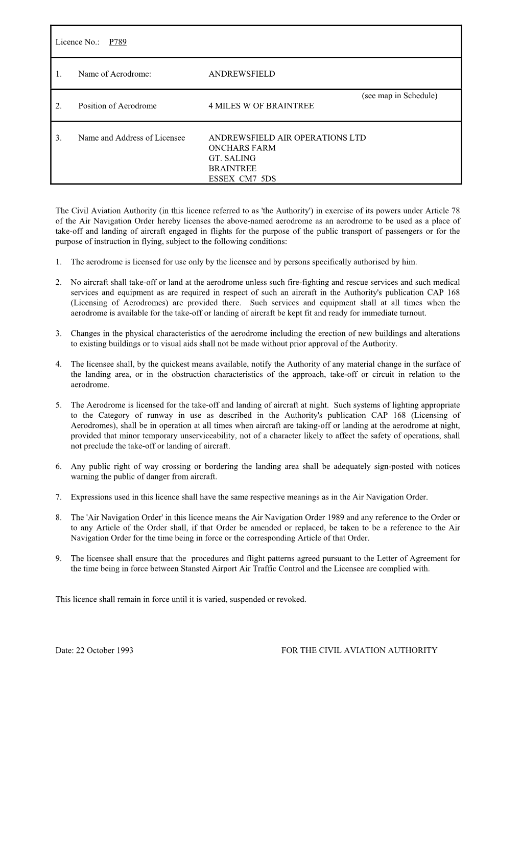 UK Ordinary Aerodrome Licences And