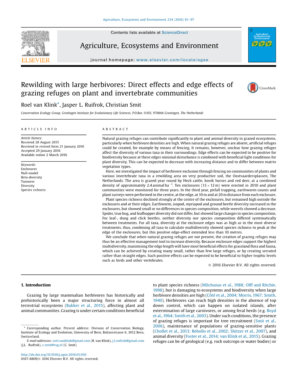 Rewilding with Large Herbivores: Direct Effects and Edge Effects Of