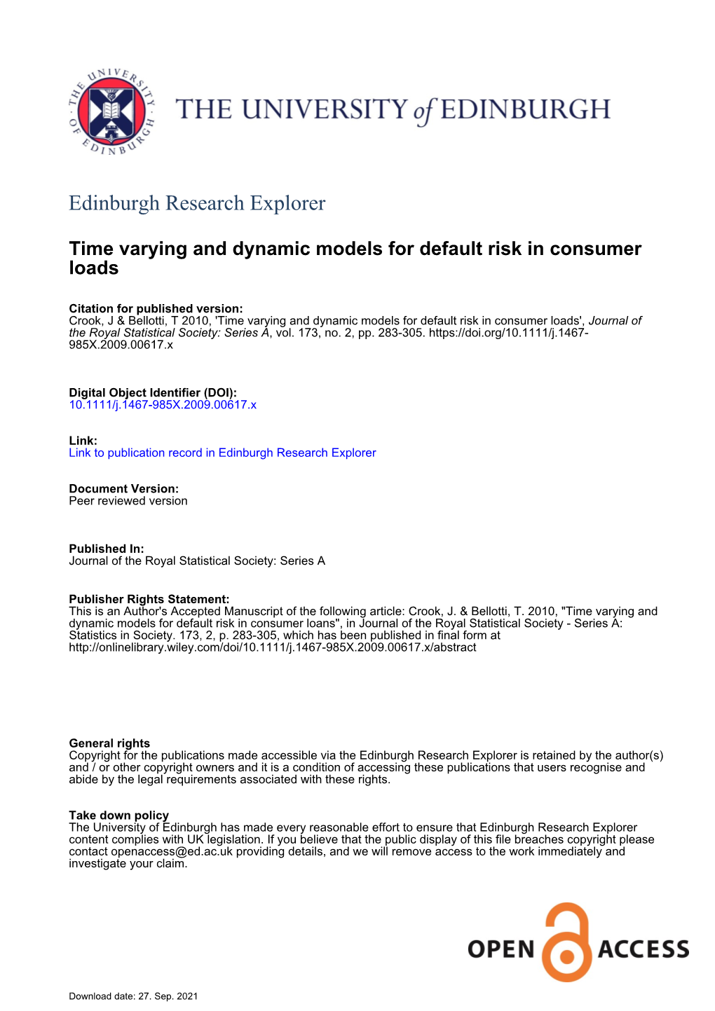 Time Varying and Dynamic Models for Default Risk in Consumer Loads