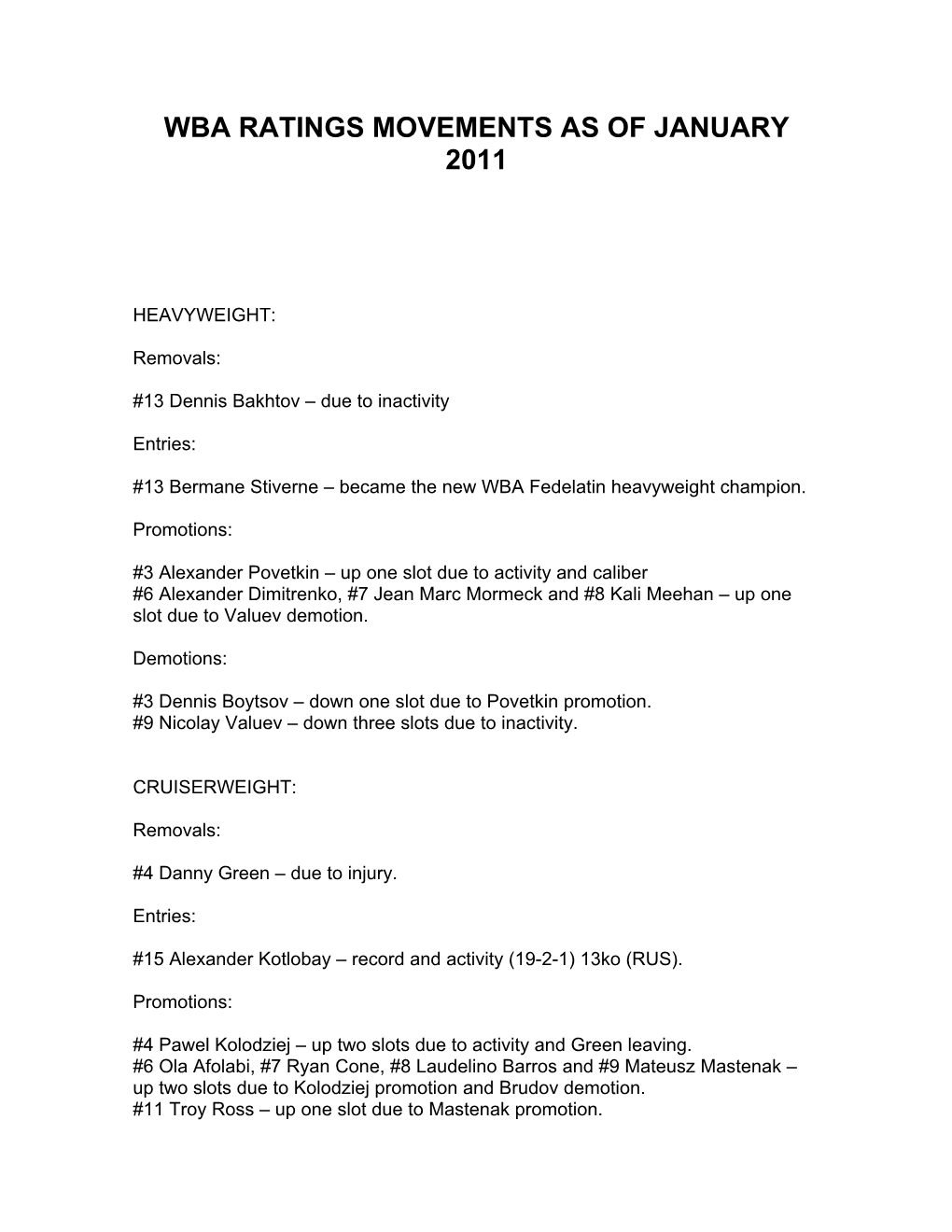 Wba Ratings Movements As of January 2011