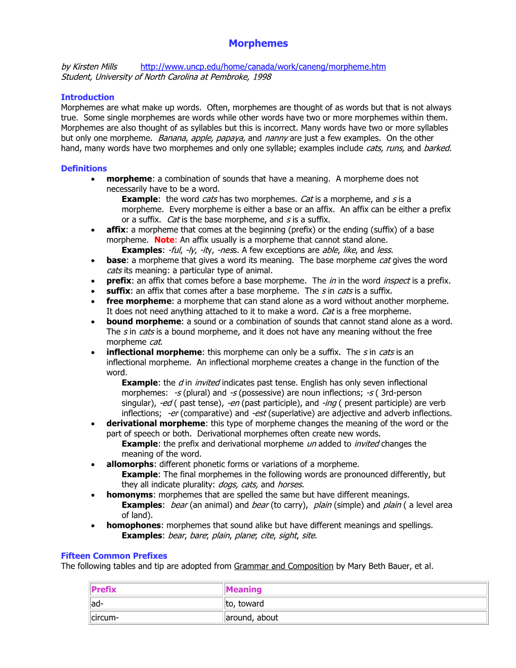 Morphemes by Kirsten Mills Student, University of North Carolina at Pembroke, 1998