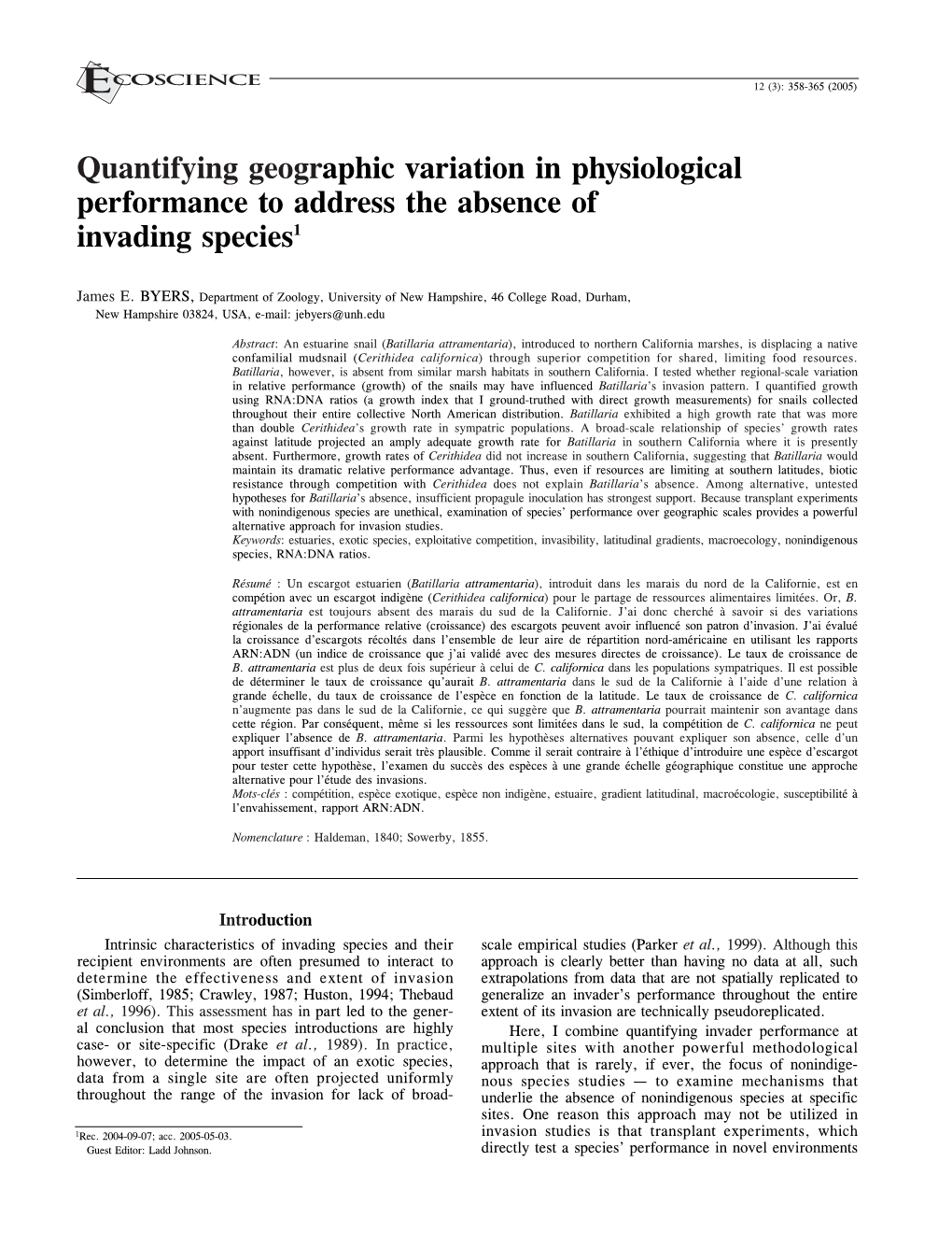 Quantifying Geographic Variation in Physiological Performance to Address the Absence of Invading Species1