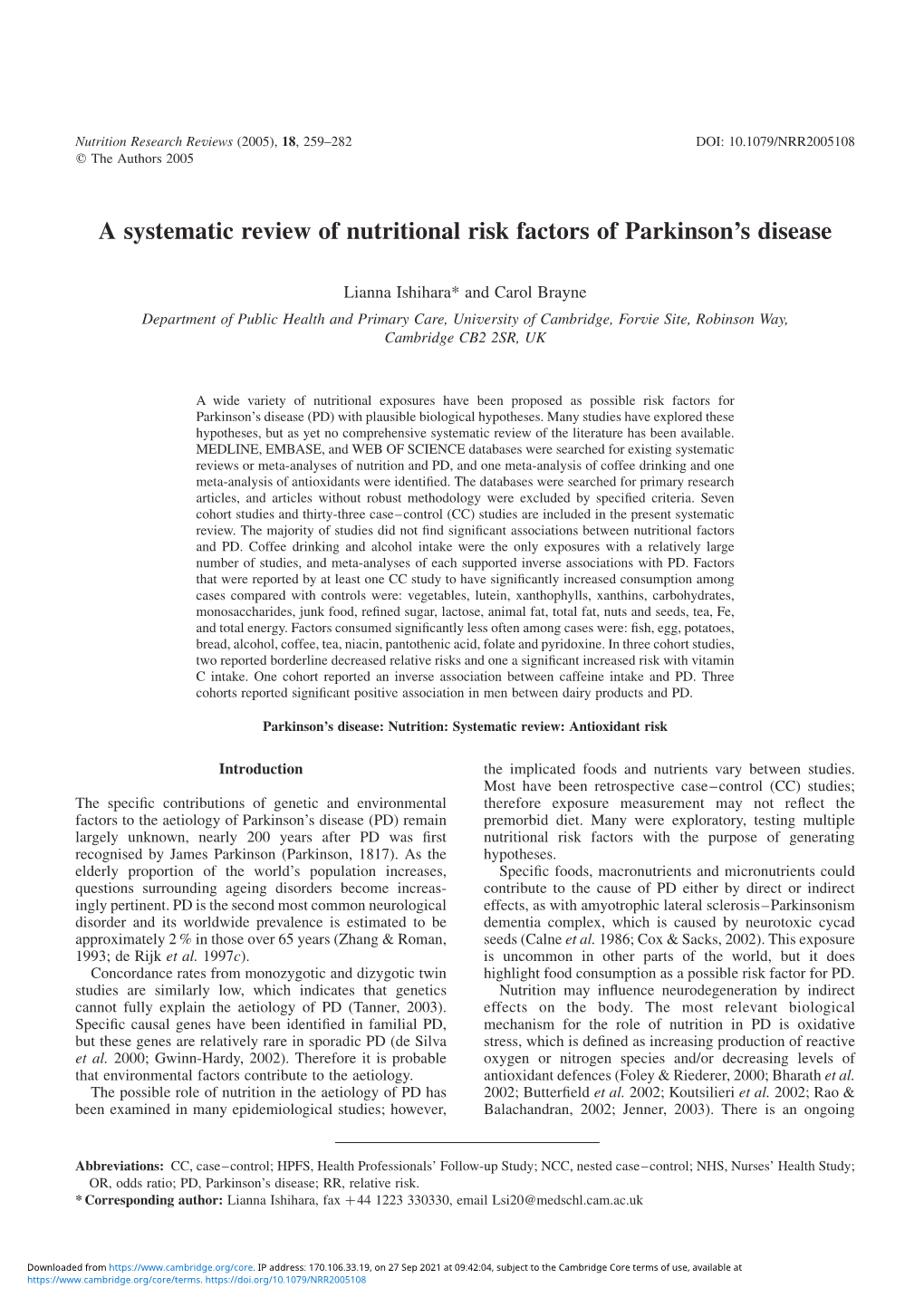 A Systematic Review of Nutritional Risk Factors of Parkinson's Disease