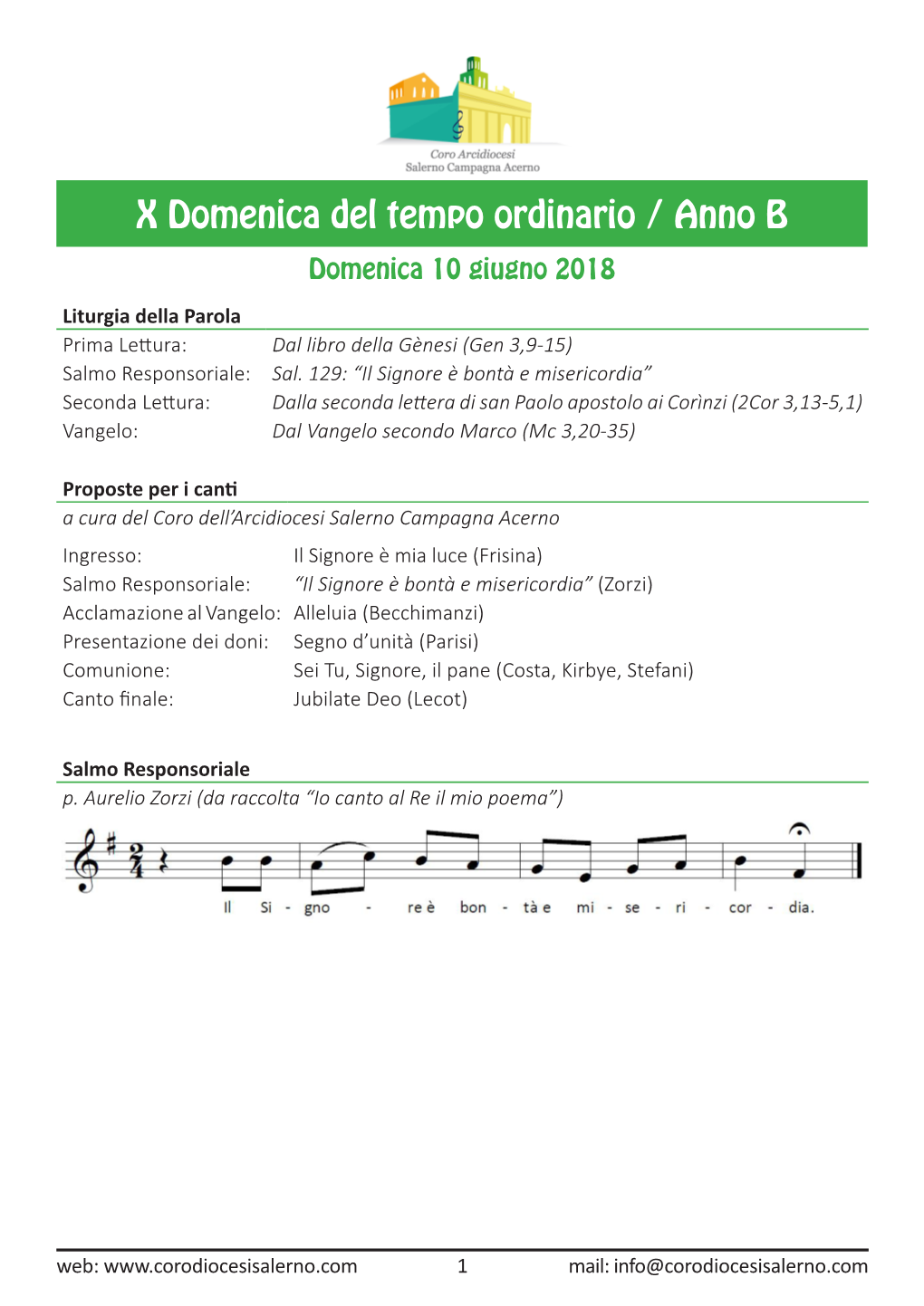 X Domenica Del Tempo Ordinario / Anno B Domenica 10 Giugno 2018 Liturgia Della Parola Prima Lettura: Dal Libro Della Gènesi (Gen 3,9-15) Salmo Responsoriale: Sal