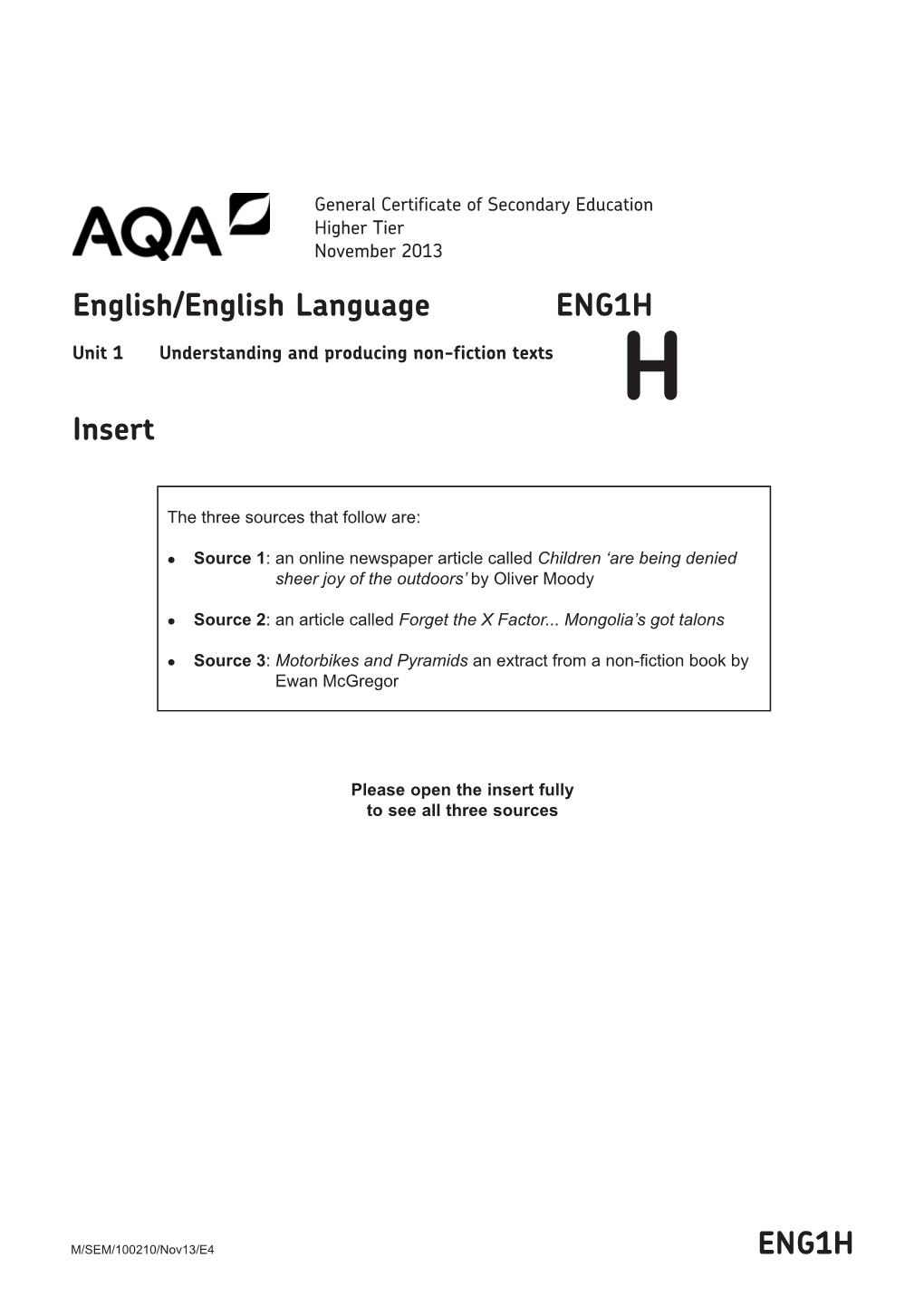 GCSE English/GCSE English Language Insert Unit 01