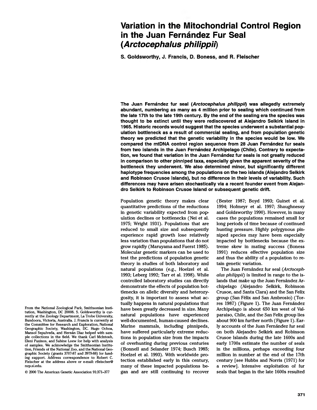 Variation in the Ivlitociiondrial Control Region in the Juan Fernández Fur Seal {Arctocephalus Philippii)