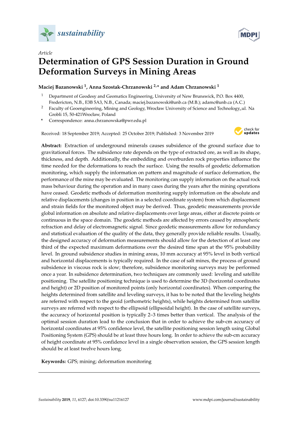 Determination of GPS Session Duration in Ground Deformation Surveys in Mining Areas