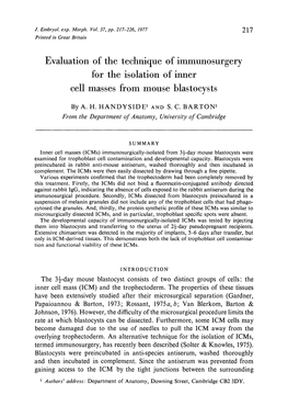 Evaluation of the Technique of Immunosurgery for the Isolation of Inner Cell Masses from Mouse Blastocysts