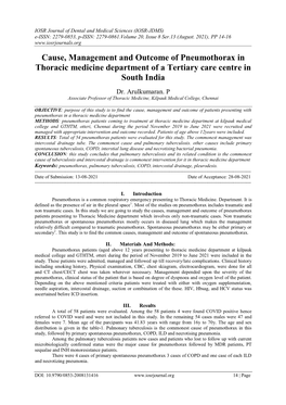 Cause, Management and Outcome of Pneumothorax in Thoracic Medicine Department of a Tertiary Care Centre in South India