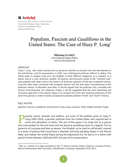 Populism, Fascism and Caudillismo in the United States: the Case of Huey P. Long1