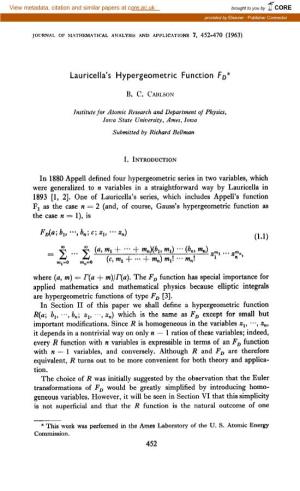 Lauricella's Hypergeometric Function