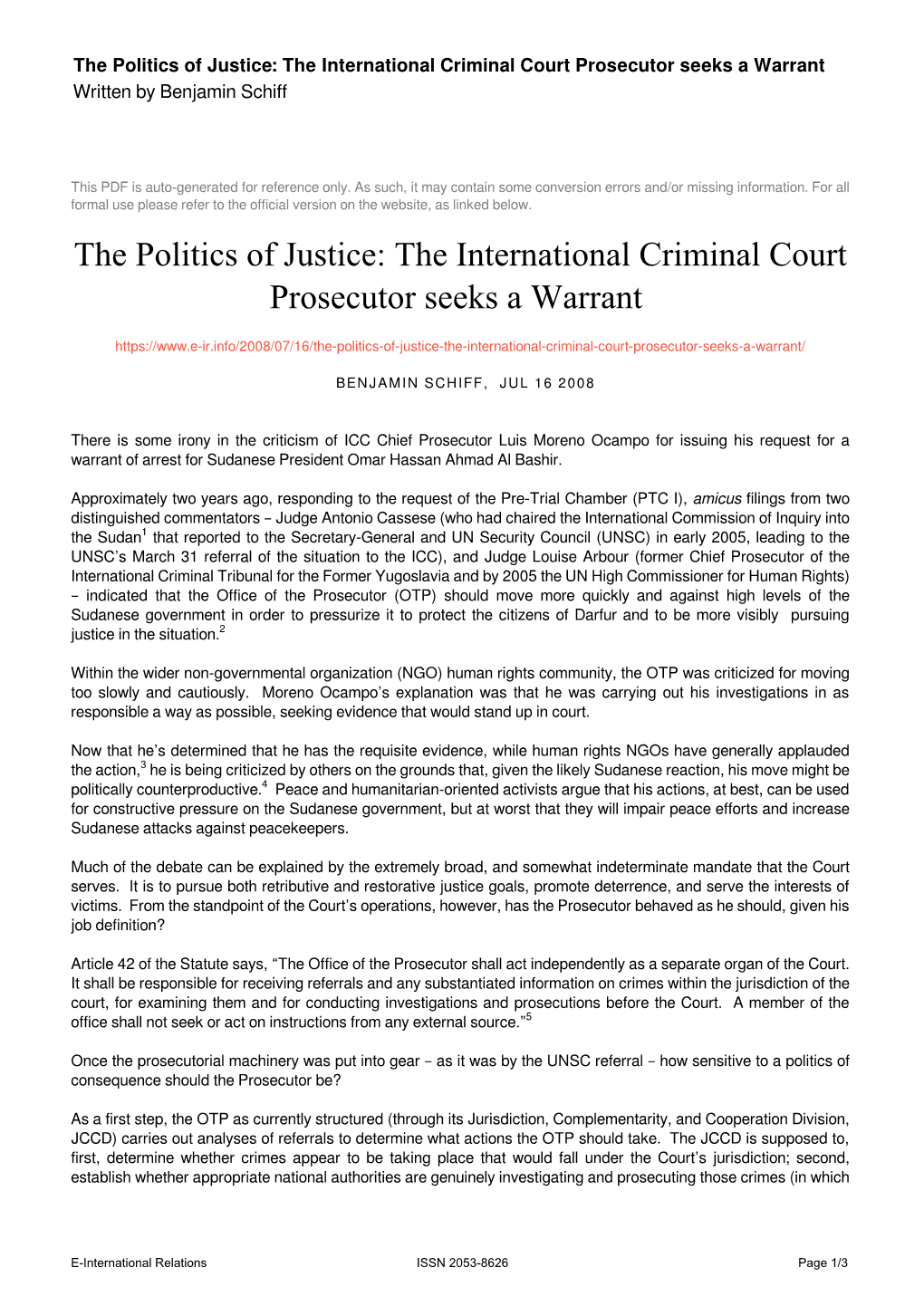 The International Criminal Court Prosecutor Seeks a Warrant Written by Benjamin Schiff