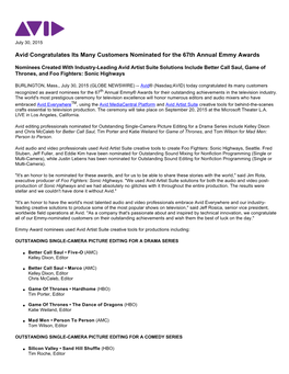 Avid Congratulates Its Many Customers Nominated for the 67Th Annual Emmy Awards