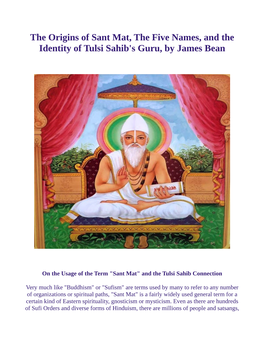 The Origins of Sant Mat, the Five Names, and the Identity of Tulsi Sahib's Guru, by James Bean