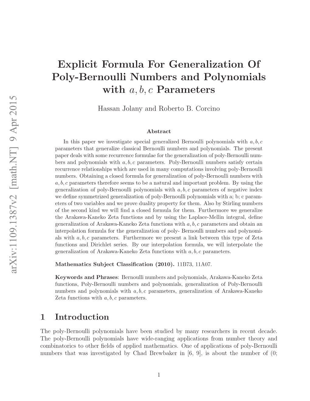 Explicit Formula For Generalization Of Poly-Bernoulli Numbers And ...