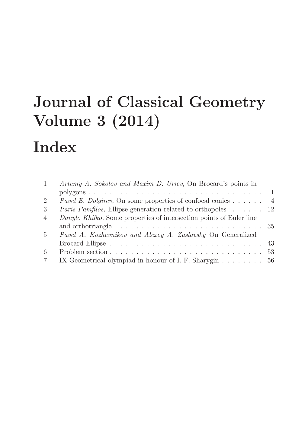 Journal of Classical Geometry Volume 3 (2014) Index