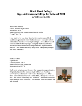 Black Hawk College Figge Art Museum College Invitational 2021 Artist Statements