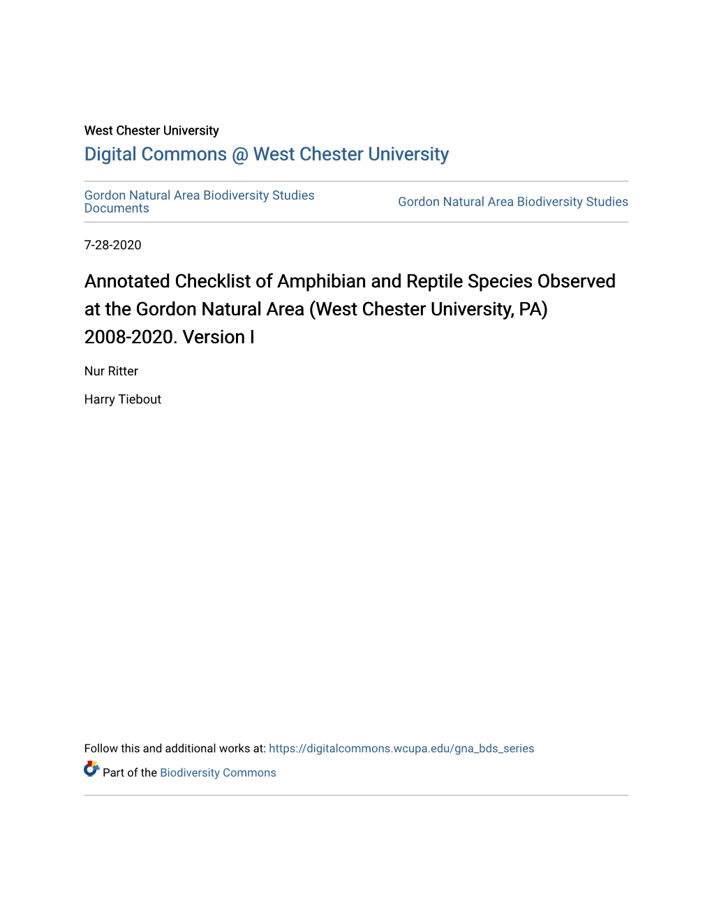 Annotated Checklist of Amphibian and Reptile Species Observed at the Gordon Natural Area (West Chester University, PA) 2008-2020