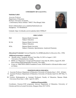 UNIVERSITY of CALCUTTA Sudeshna Lahiri Associate