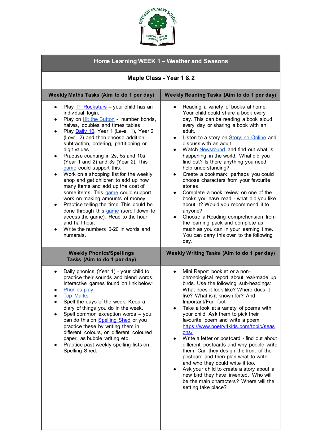 Home Learning WEEK 1 – Weather and Seasons Maple Class