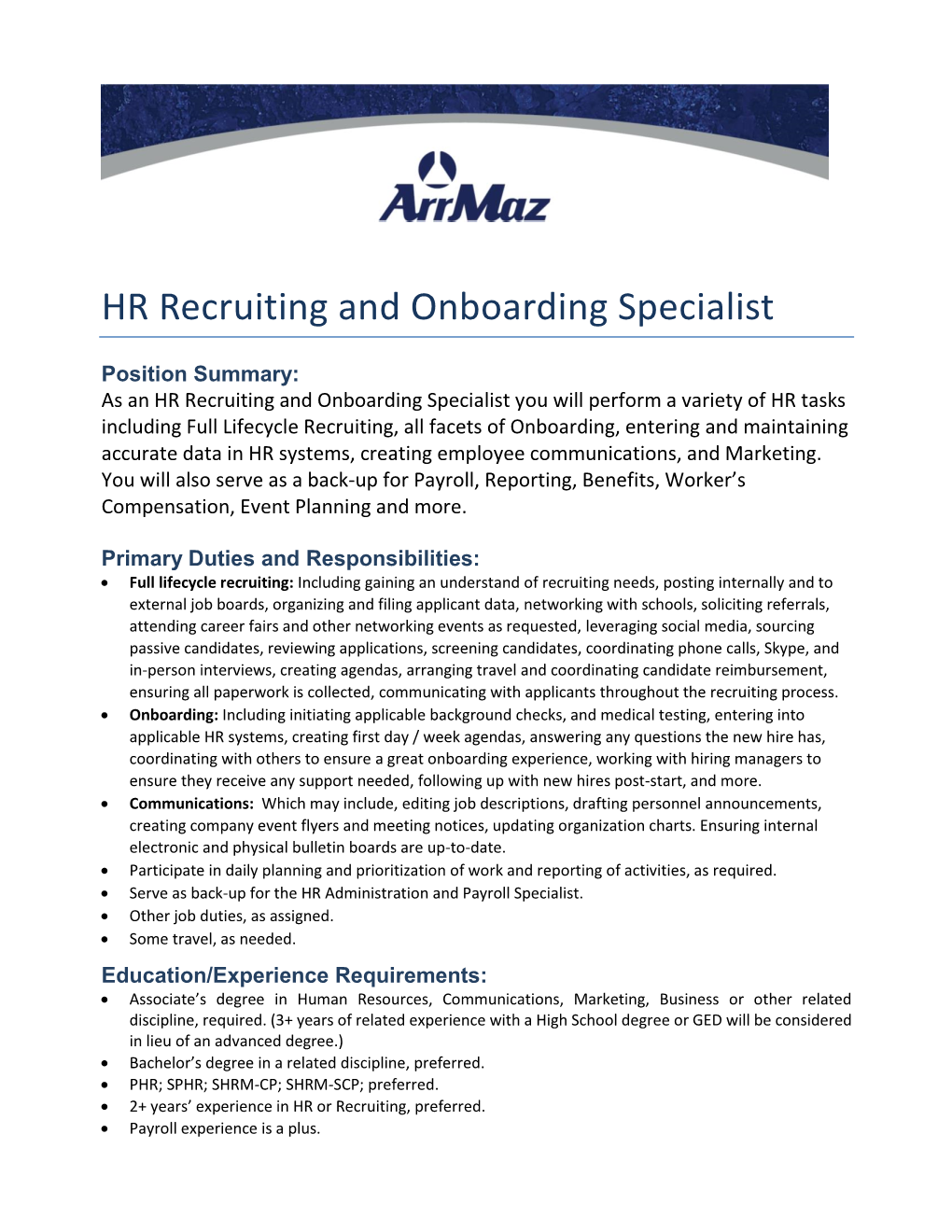 HR Recruiting and Onboarding Specialist