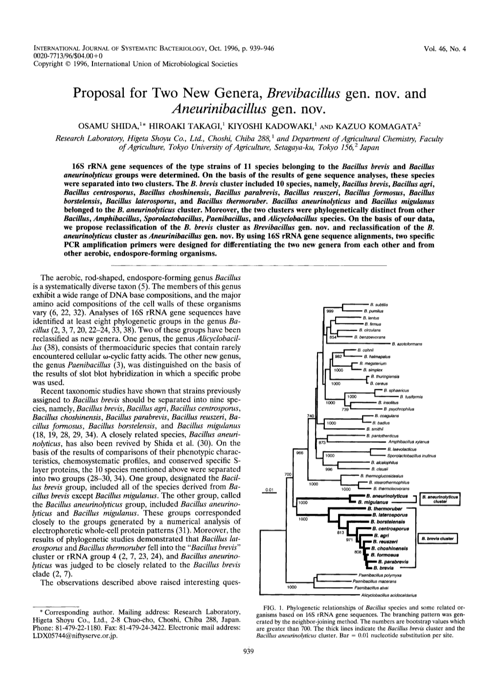 Proposal for Two New Genera, Brevibacillus Gen. Nov. and Aneurinibacillus Gen