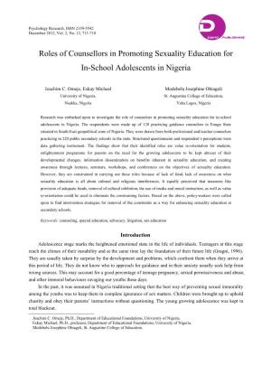 Roles of Counsellors in Promoting Sexuality Education for In-School Adolescents in Nigeria