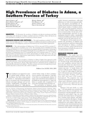 High Prevalence of Diabetes in Adana, a Southern Province of Turkey