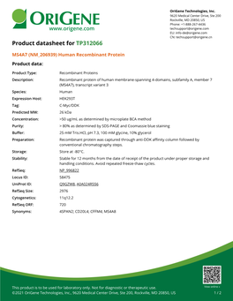 MS4A7 (NM 206939) Human Recombinant Protein Product Data