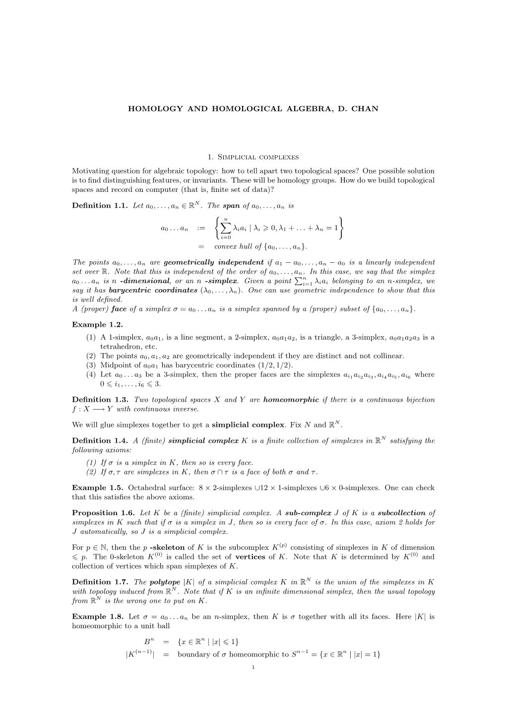 Homology and Homological Algebra, D. Chan