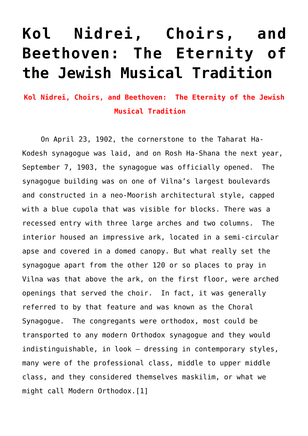 Kol Nidrei, Choirs, and Beethoven: the Eternity of the Jewish Musical Tradition