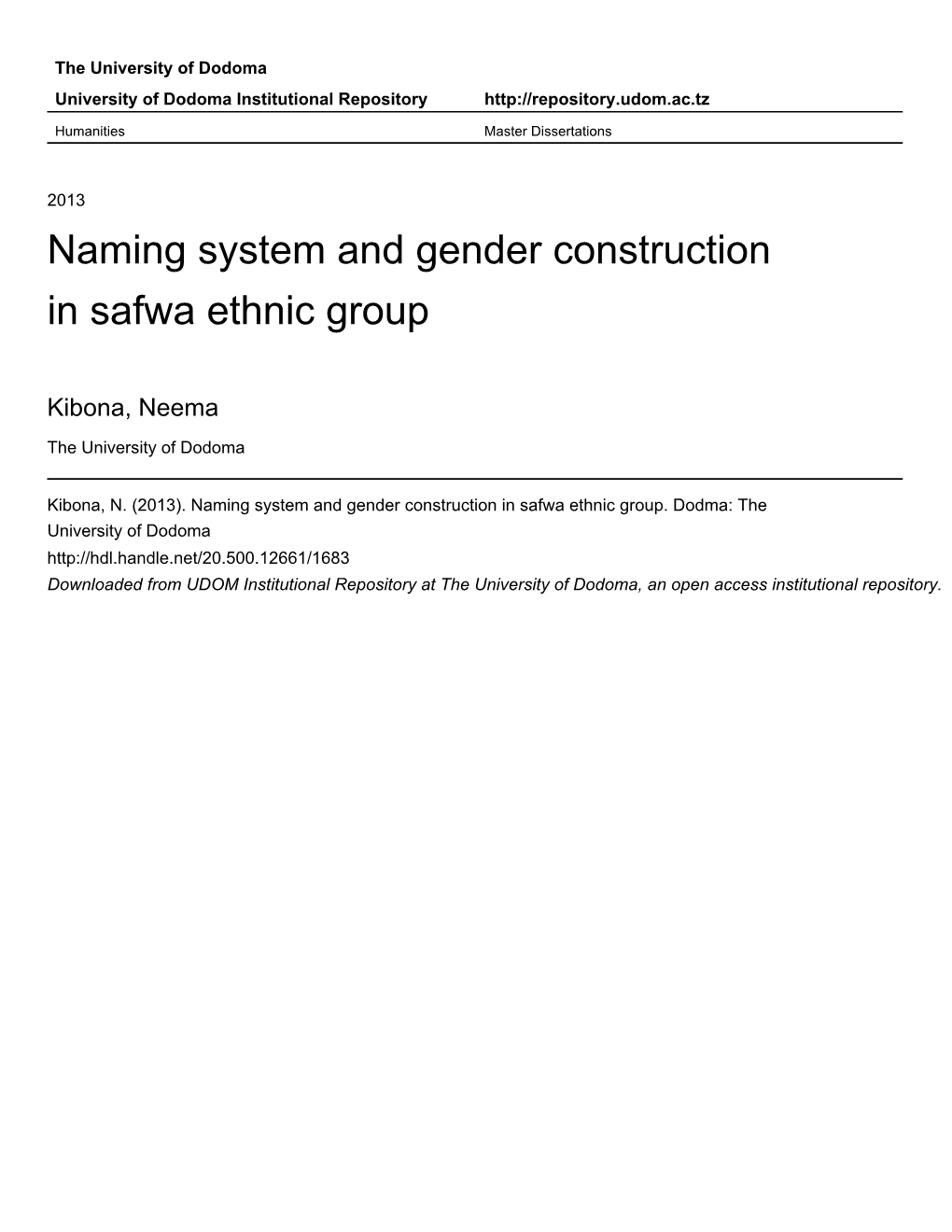 Naming System and Gender Construction in Safwa Ethnic Group