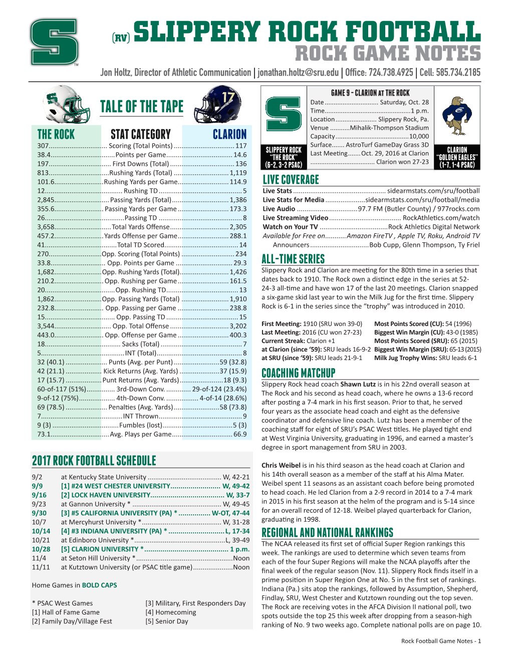 (RV) SLIPPERY ROCK FOOTBALL ROCK GAME NOTES Jon Holtz, Director of Athletic Communication | Jonathan.Holtz@Sru.Edu | Office: 724.738.4925| Cell: 585.734.2185