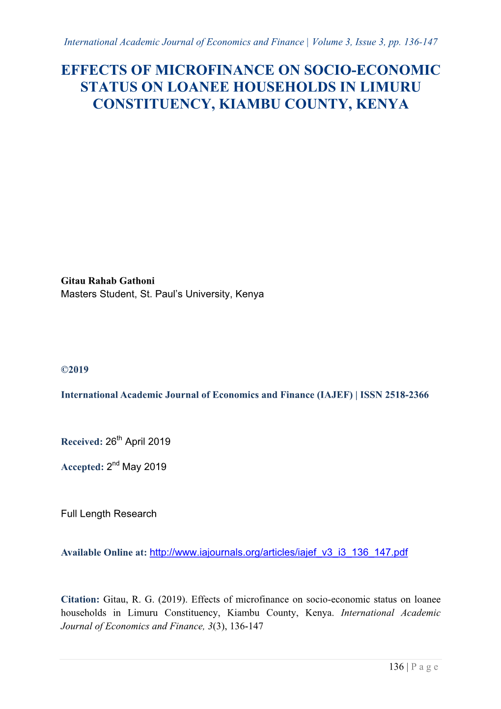 Effects of Microfinance on Socio-Economic Status on Loanee Households in Limuru Constituency, Kiambu County, Kenya