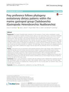Prey Preference Follows Phylogeny: Evolutionary Dietary Patterns Within the Marine Gastropod Group Cladobranchia (Gastropoda: Heterobranchia: Nudibranchia) Jessica A