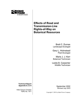 Effects of Road and Transmission Line Rights-Of-Way on Botanical