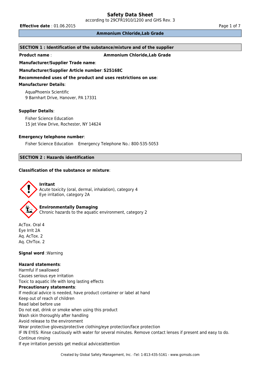 Safety Data Sheet According to 29CFR1910/1200 and GHS Rev