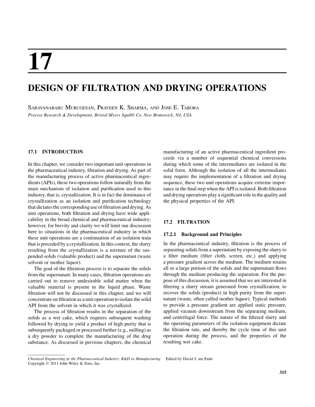 Design of Filtration and Drying Operations