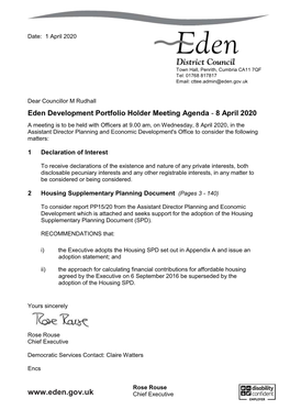 Eden Development Portfolio Holder Meeting Agenda - 8 April 2020