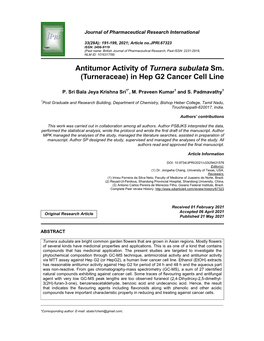 Antitumor Activity of Turnera Subulata Sm. (Turneraceae) in Hep G2 Cancer Cell Line