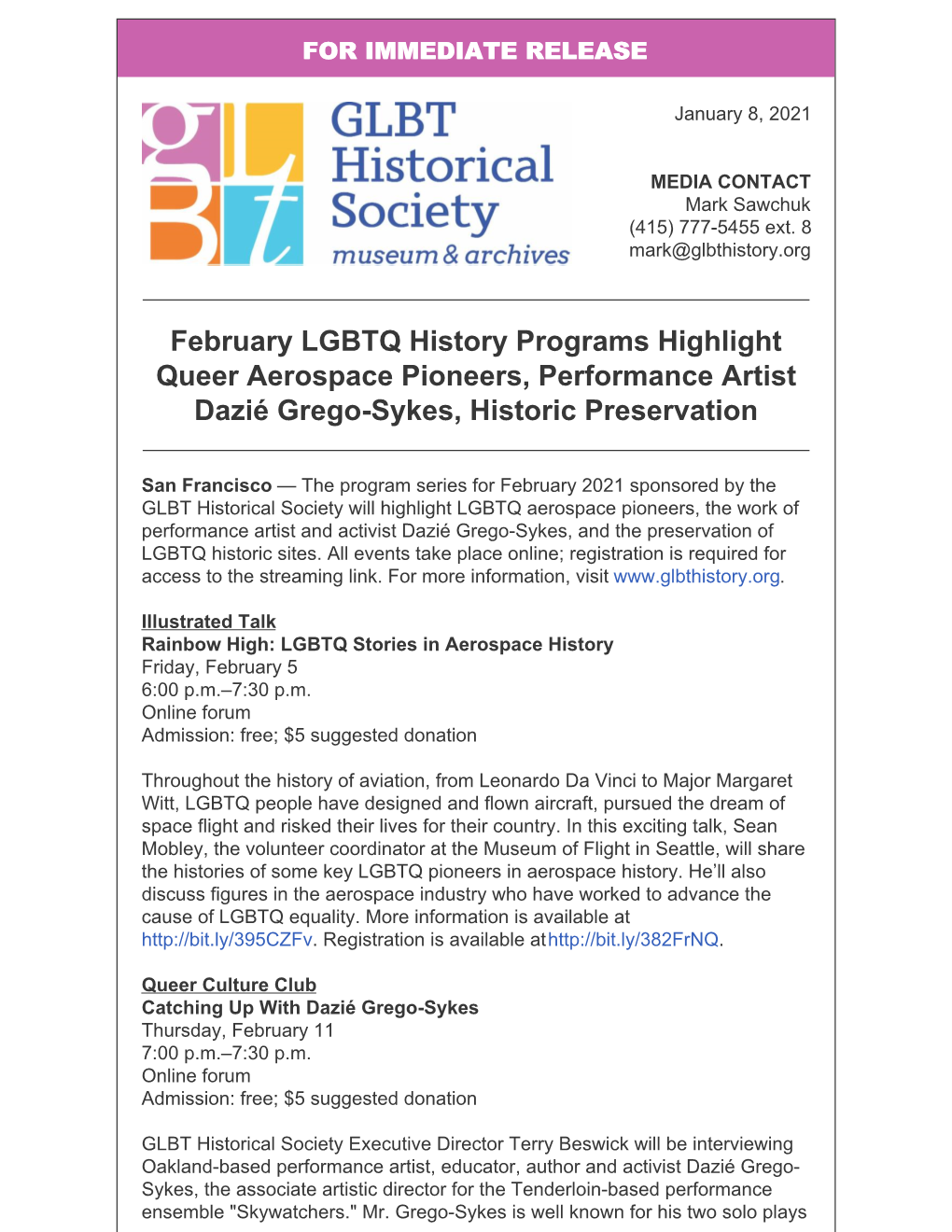 February LGBTQ History Programs Highlight Queer Aerospace Pioneers, Performance Artist Dazié Grego-Sykes, Historic Preservation