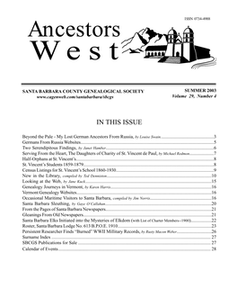 Ancestors West Is Published Quarterly in Fall, Winter, Spring and Summer