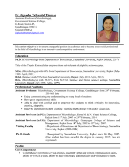 Dr. Jignasha Trikamlal Thumar Education Professional Positions