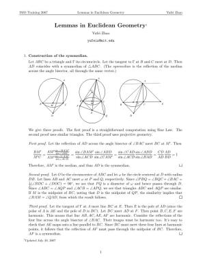 Lemmas in Euclidean Geometry1 Yufei Zhao Yufeiz@Mit.Edu