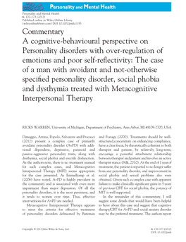 A Cognitivebehavioural Perspective on Personality Disorders With