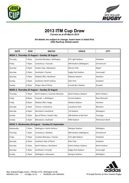 2013 ITM Cup Draw Current As at 05 March 2013