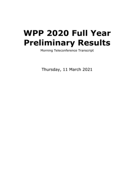 WPP 2020 Full Year Preliminary Results Morning Teleconference Transcript