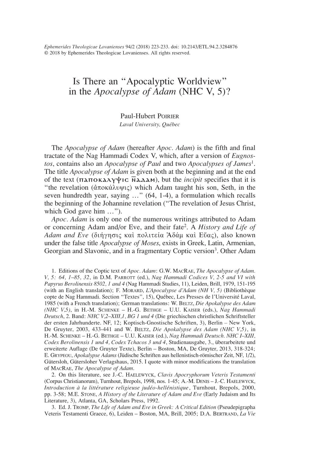 Is There an “Apocalyptic Worldview” in the Apocalypse of Adam (NHC V, 5)?