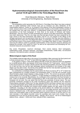 Hydromemeteorological Characterisation of the Flood from the Period 14-30 April 2005 in the Timis-Bega River Basin